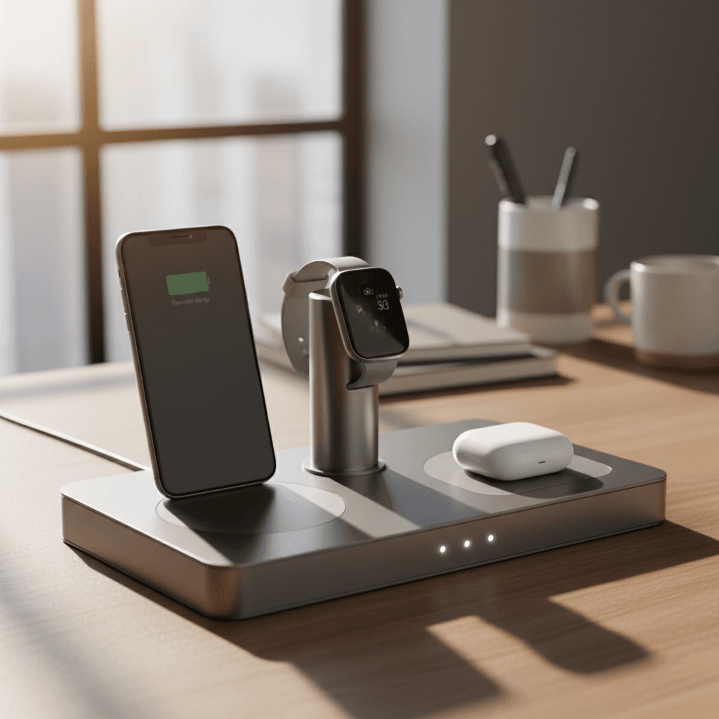 SideKicker 3-in-1 portable charger charging iPhone and Apple Watch with foldable stand