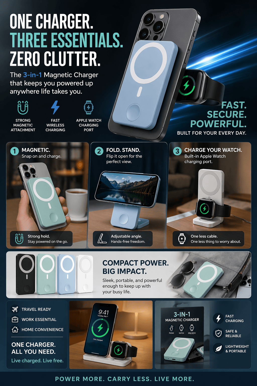 3-in-1 magnetic charger for iPhone and Apple Watch featuring a folding stand and compact design.
