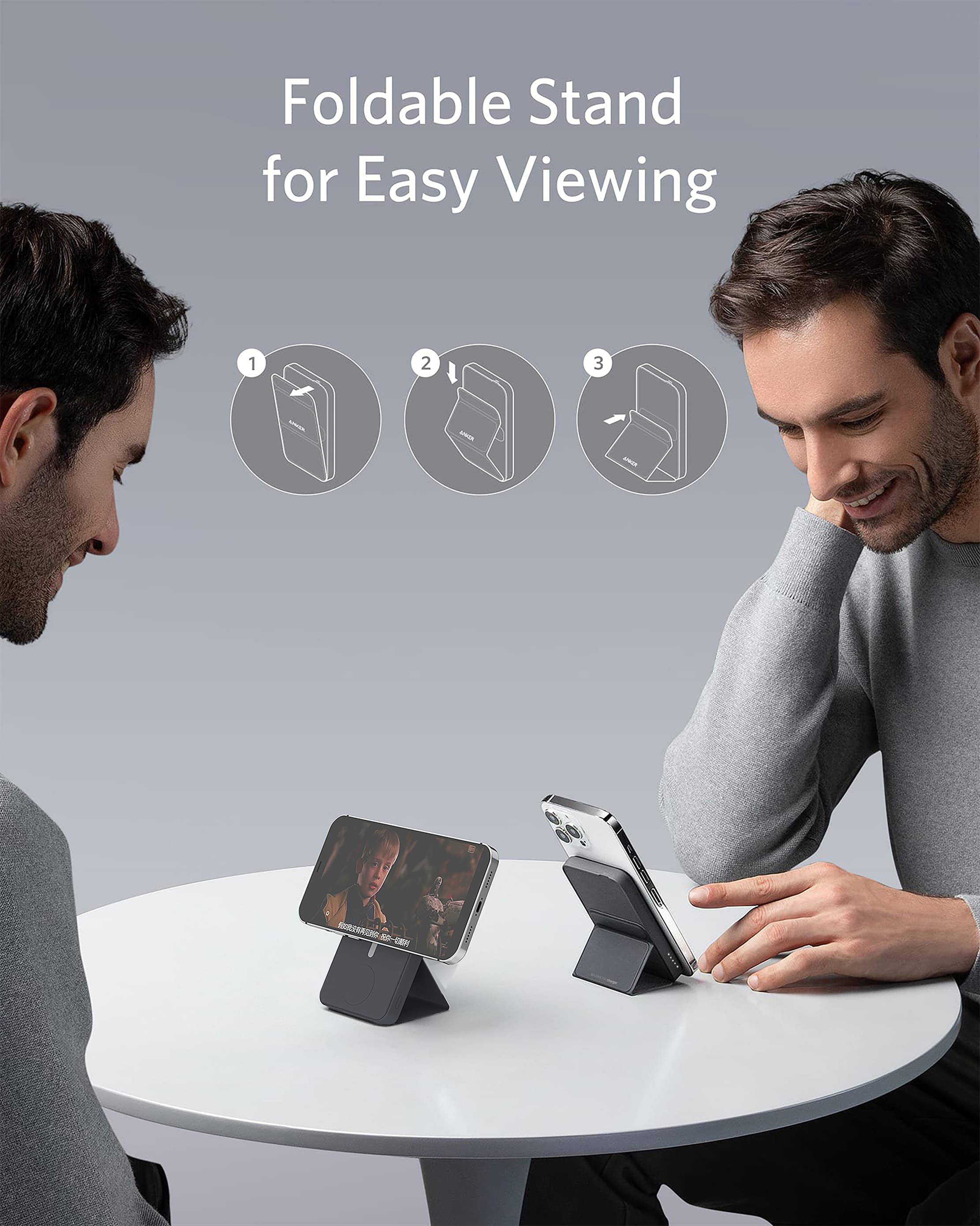 Foldable magnetic stand holding smartphones in landscape and portrait orientations for easy hands-free viewing.
