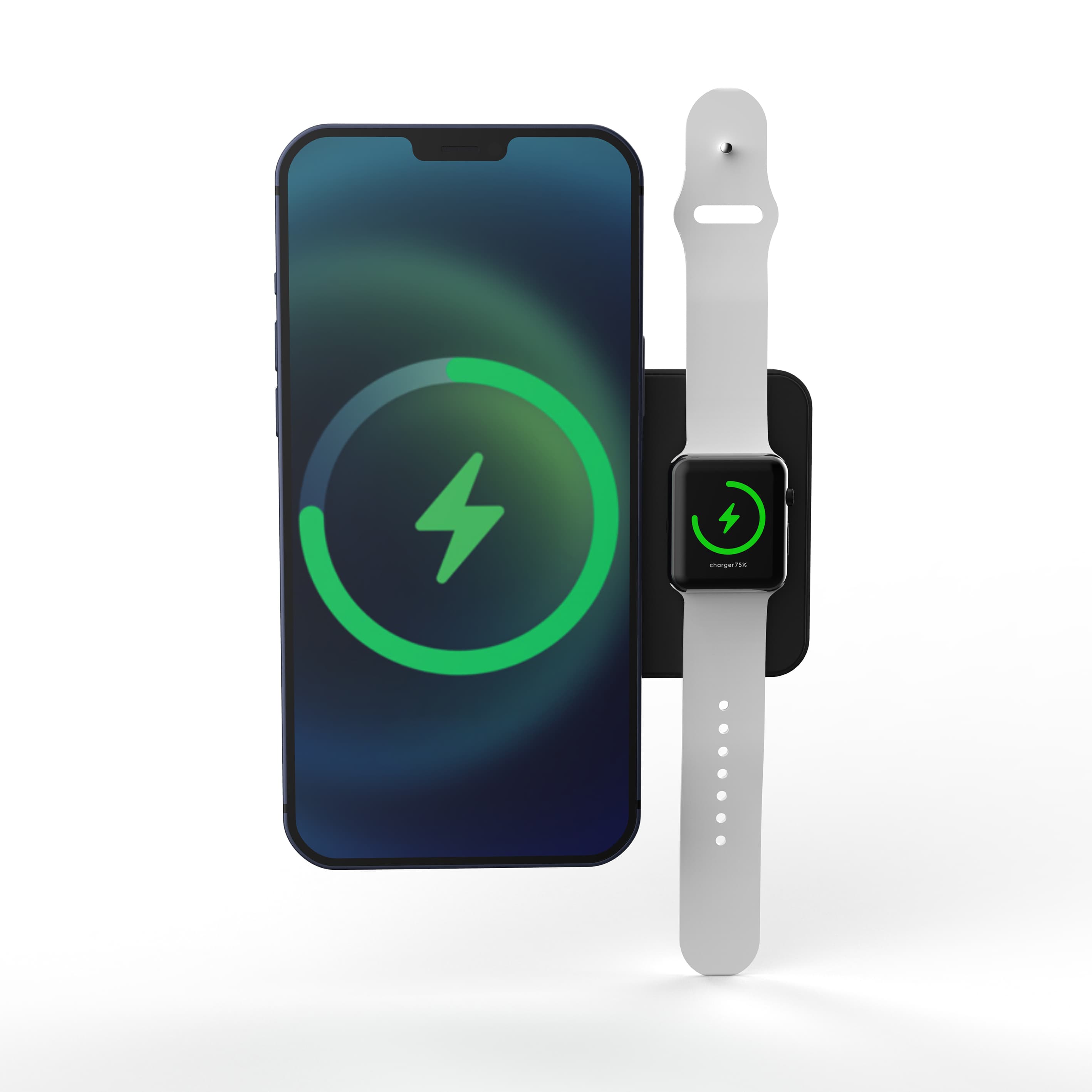 Smartphone and smartwatch with white bands charging simultaneously on a black dual wireless charging pad.