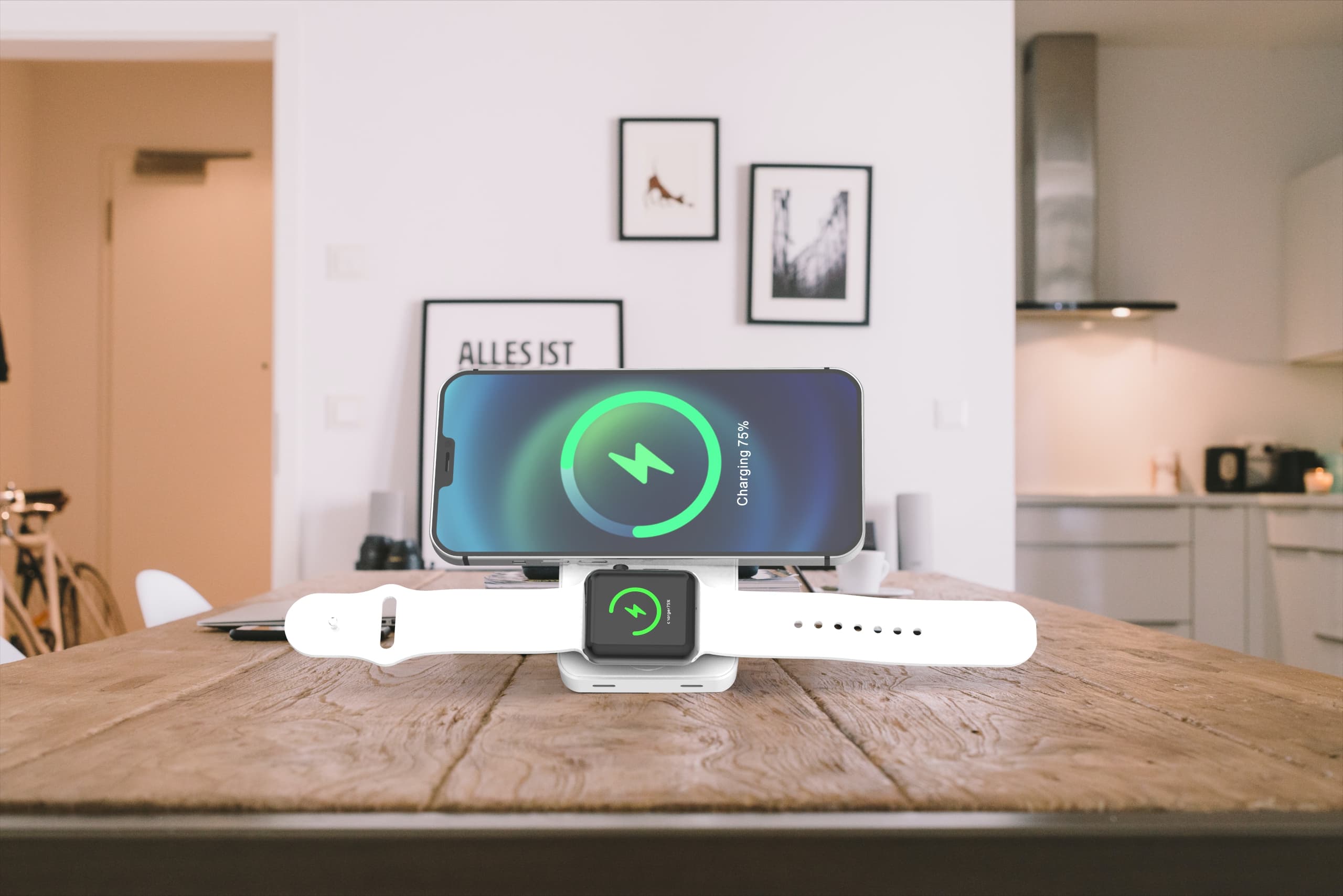 Smartphone and smartwatch charging on a white dock on a rustic wooden table indoors.