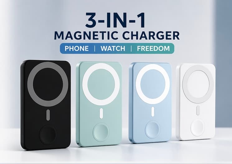 Four 3-in-1 magnetic chargers in black, green, blue, and white for phones and watches.