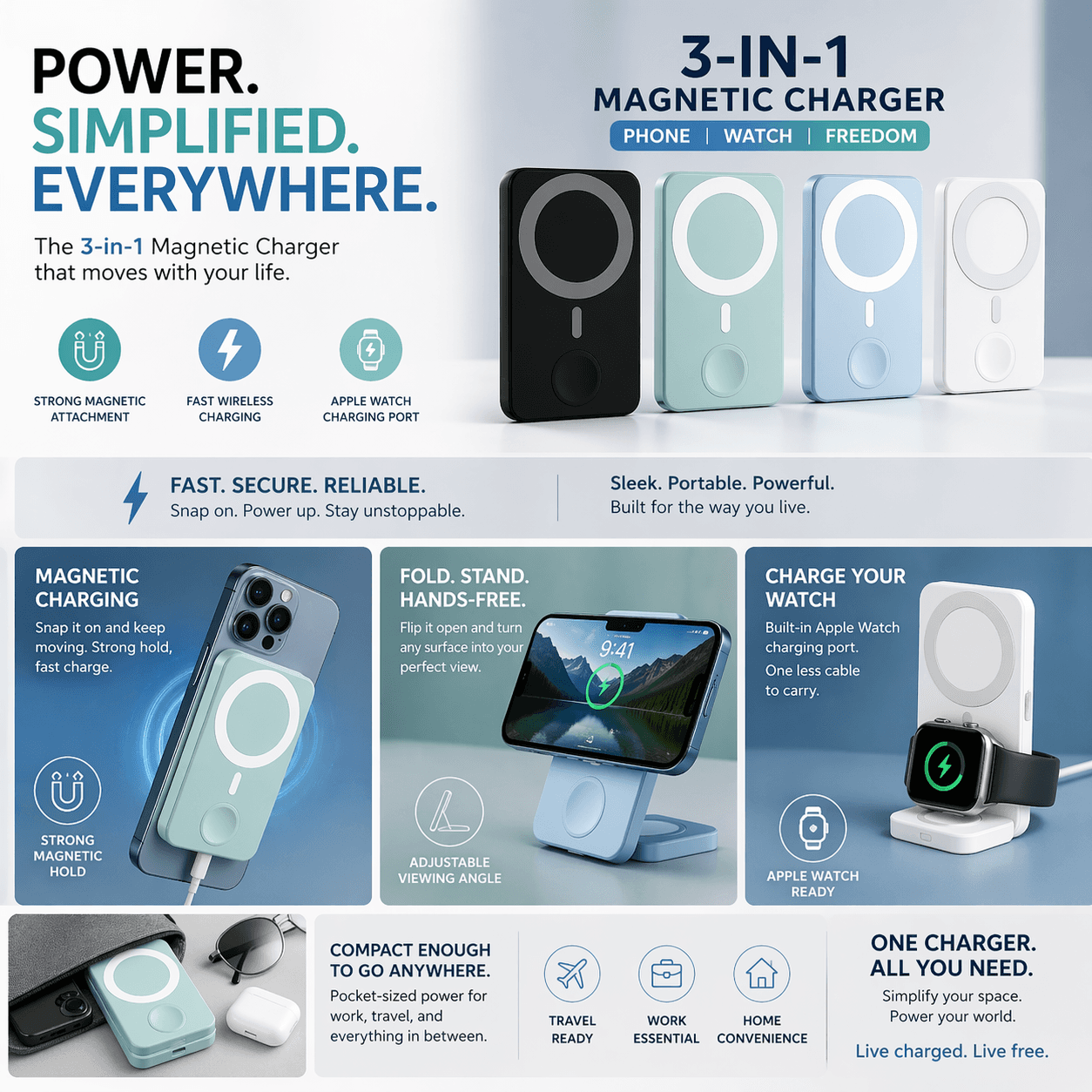 Versatile 3-in-1 magnetic charger for phones and watches, available in four colors with folding stand.